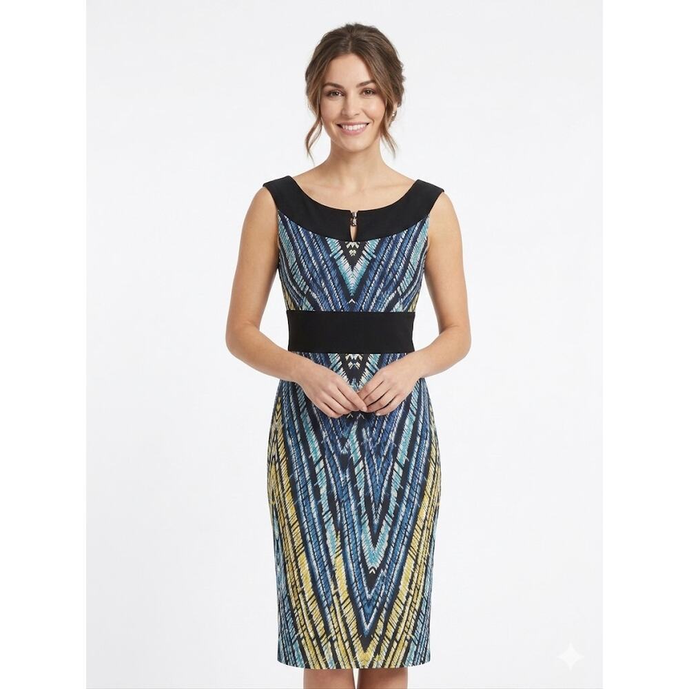 Cato Blue & Black Geometric Chevron Sheath Dress With Black Waistband & Keyhole
